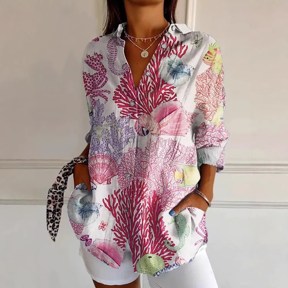 Women Fashion Casual Printed Lapel Long-Sleeve Blouse