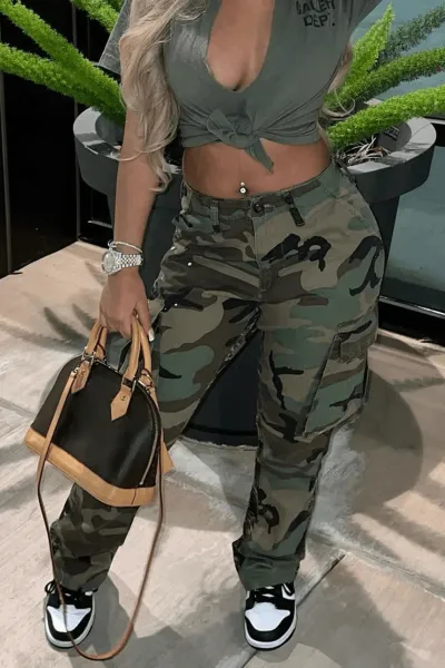 Women Fashion Casual Camouflage High Waist Straight Pants