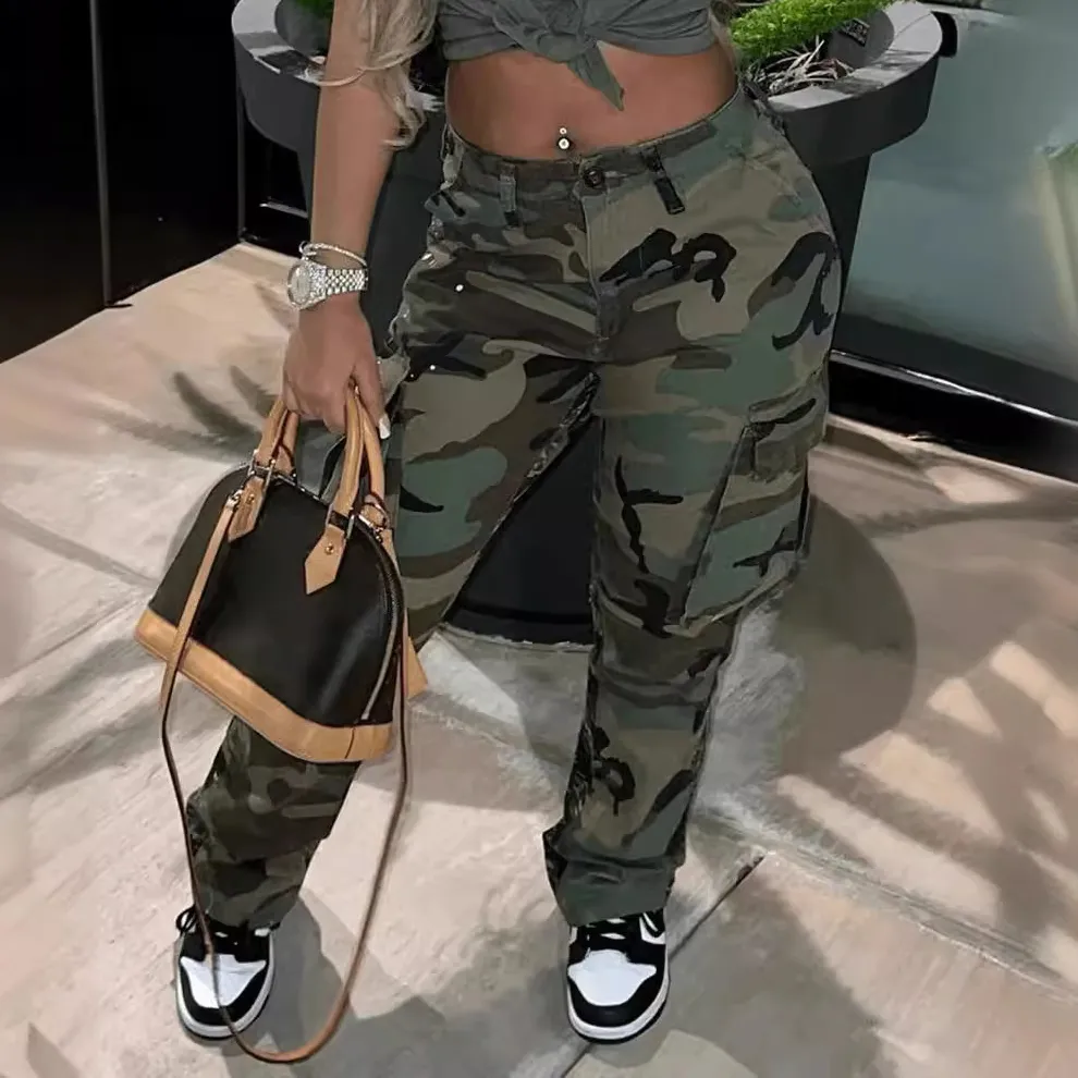 Women Fashion Casual Camouflage High Waist Straight Pants