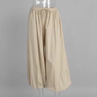 Women Fashion Casual Solid Color Cotton Wide Leg Loose Bloomers Pants