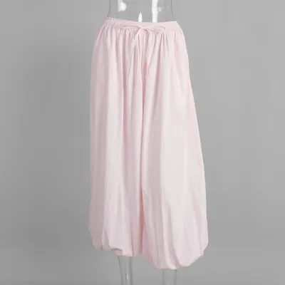 Women Fashion Casual Solid Color Cotton Wide Leg Loose Bloomers Pants