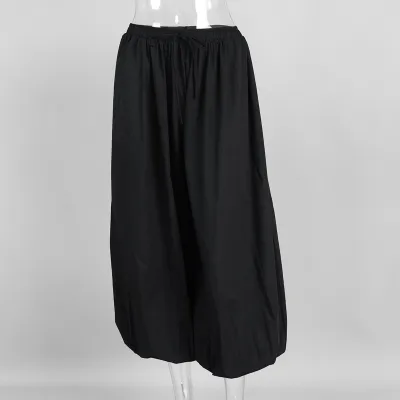 Women Fashion Casual Solid Color Cotton Wide Leg Loose Bloomers Pants