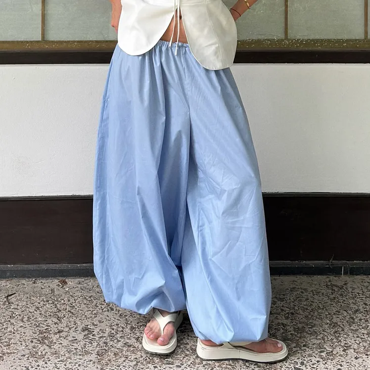 Women Fashion Casual Solid Color Cotton Wide Leg Loose Bloomers Pants