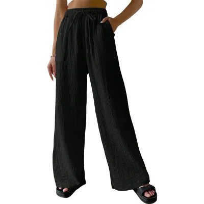 Women Fashion Casual Solid Color Cotton And Linen Loose Wide Leg Pants