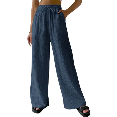 Women Fashion Casual Solid Color Cotton And Linen Loose Wide Leg Pants