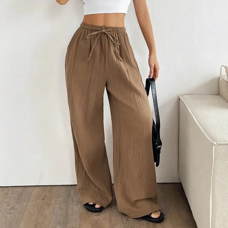 Women Fashion Casual Solid Color Cotton And Linen Loose Wide Leg Pants