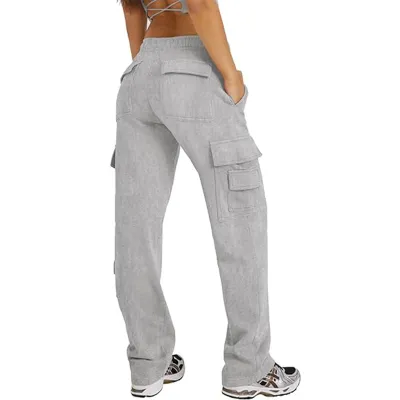 Women Fashion Casual Solid Color Multi-Pocket Loose Pants