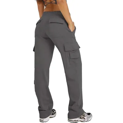 Women Fashion Casual Solid Color Multi-Pocket Loose Pants