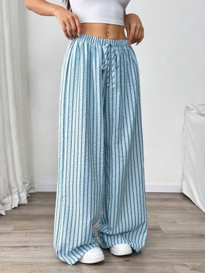 Women Fashion Casual Contrast Texture Stripe Pocket Pleated Pants
