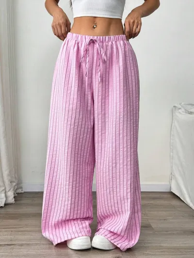 Women Fashion Casual Contrast Texture Stripe Pocket Pleated Pants