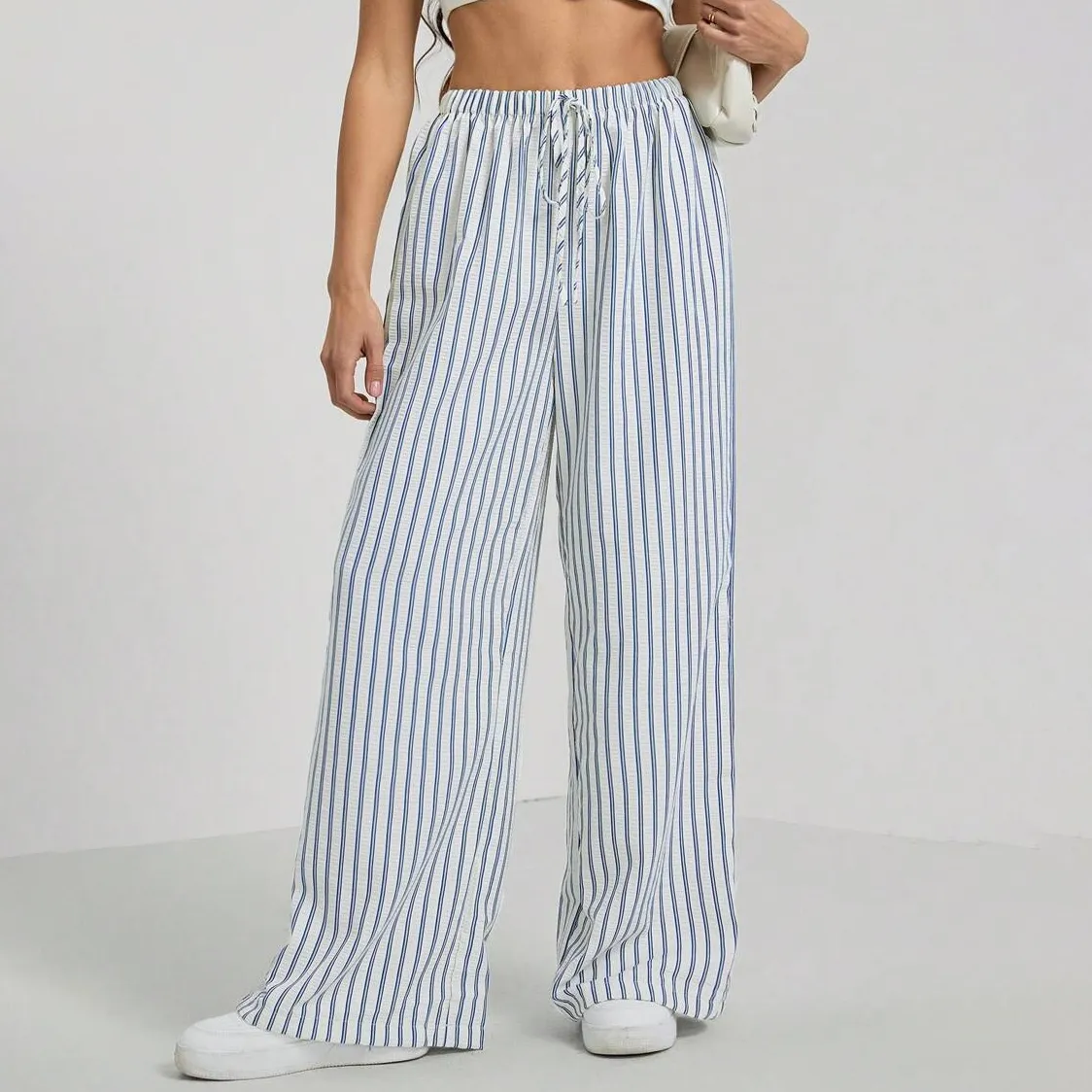 Women Fashion Casual Contrast Texture Stripe Pocket Pleated Pants