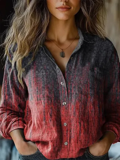 Women Fashion Casual Cotton And Linen Printed Lapel Long Sleeve Blouse