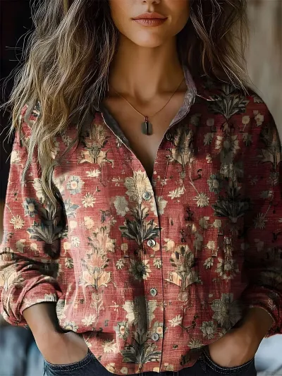 Women Fashion Casual Cotton And Linen Printed Lapel Long Sleeve Blouse