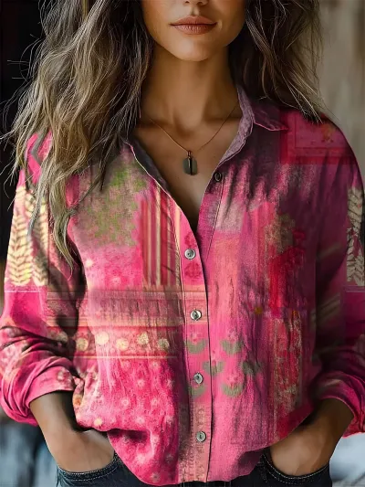 Women Fashion Casual Cotton And Linen Printed Lapel Long Sleeve Blouse