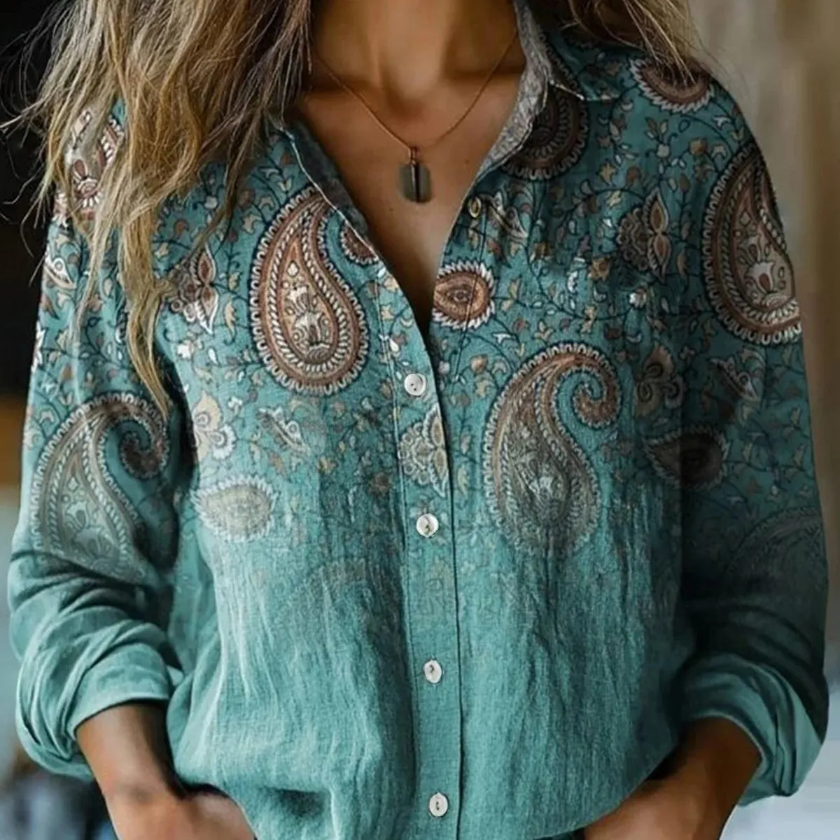 Women Fashion Casual Cotton And Linen Printed Lapel Long Sleeve Blouse