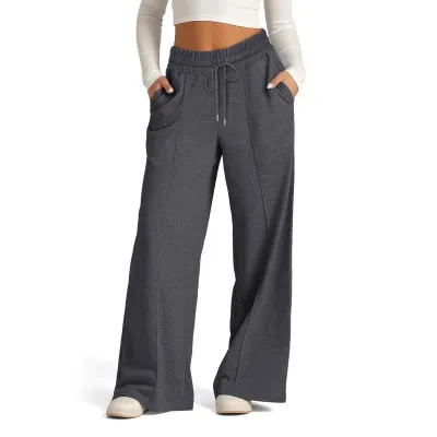 Women Fashion Casual Solid Color Drawstring Waist Wide Leg Pants