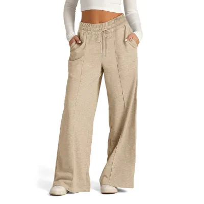 Women Fashion Casual Solid Color Drawstring Waist Wide Leg Pants