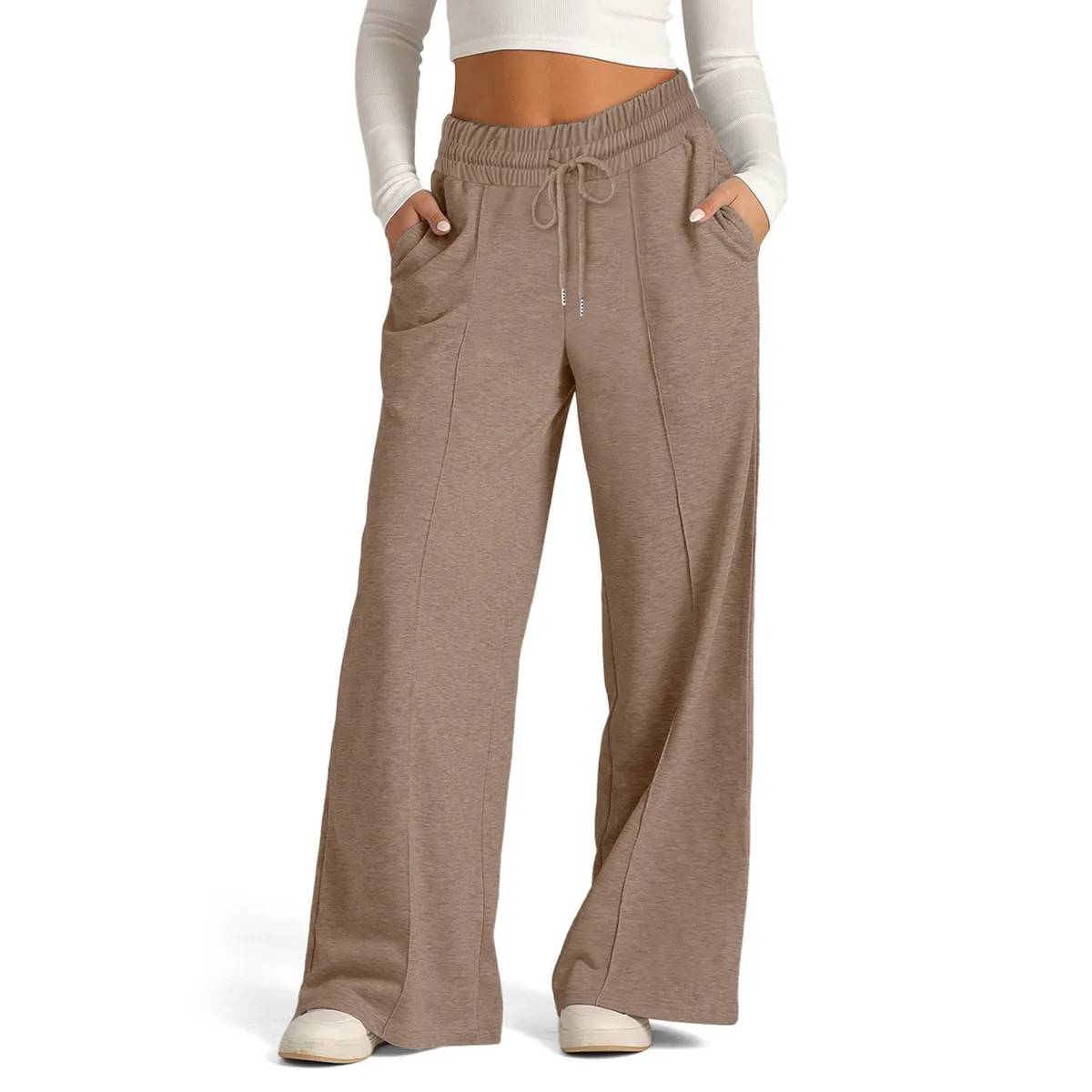 Women Fashion Casual Solid Color Drawstring Waist Wide Leg Pants