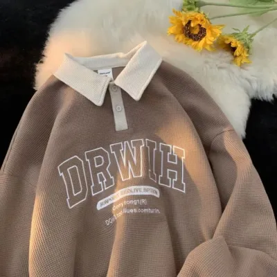 Men's Fashion Casual Waffle Letter Embroidered Color Block Lapel Long Sleeve Sweatshirt