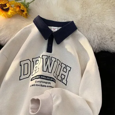 Men's Fashion Casual Waffle Letter Embroidered Color Block Lapel Long Sleeve Sweatshirt