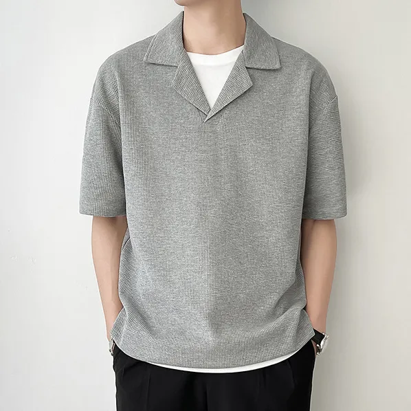 Men's Fashion Casual Solid Color Waffle Knit Polo Short Sleeve Shirt