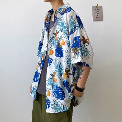 Casual Printed Lapel Short Sleeve Loose Shirt for Men