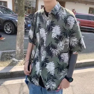 Casual Printed Lapel Short Sleeve Loose Shirt for Men