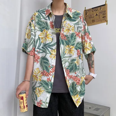 Casual Printed Lapel Short Sleeve Loose Shirt for Men