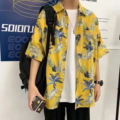 Casual Printed Lapel Short Sleeve Loose Shirt for Men
