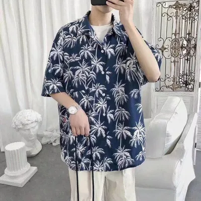 Casual Printed Lapel Short Sleeve Loose Shirt for Men