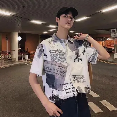 Casual Printed Lapel Short Sleeve Loose Shirt for Men