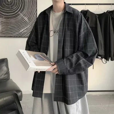 Men's Fashion Casual Retro Plaid Lapel Long-Sleeve Loose Shirt