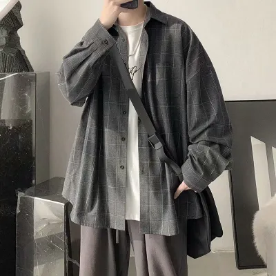 Men's Fashion Casual Retro Plaid Lapel Long-Sleeve Loose Shirt