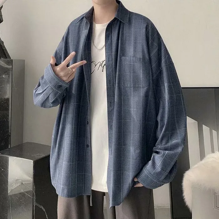 Men's Fashion Casual Retro Plaid Lapel Long-Sleeve Loose Shirt