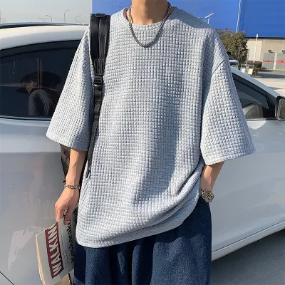 Men's Fashion Casual Solid Waffle Round Neck Short Sleeve Loose T-Shirt