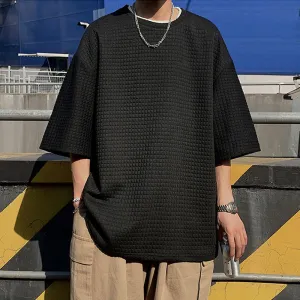 Men's Fashion Casual Solid Waffle Round Neck Short Sleeve Loose T-Shirt