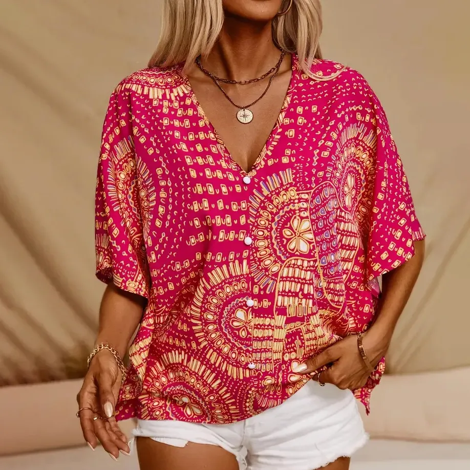 Women Fashion Casual Printed V-Neck Bat Sleeve Loose Blouse