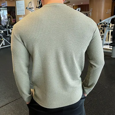 Men'S Casual Solid Waffle Jacquard Pleated Slim-Fit Long-Sleeve Breathable T-Shirt