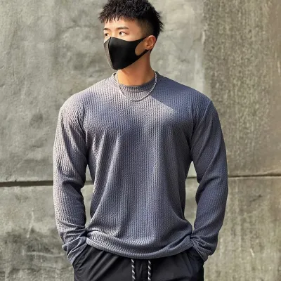 Men'S Casual Solid Waffle Jacquard Pleated Slim-Fit Long-Sleeve Breathable T-Shirt