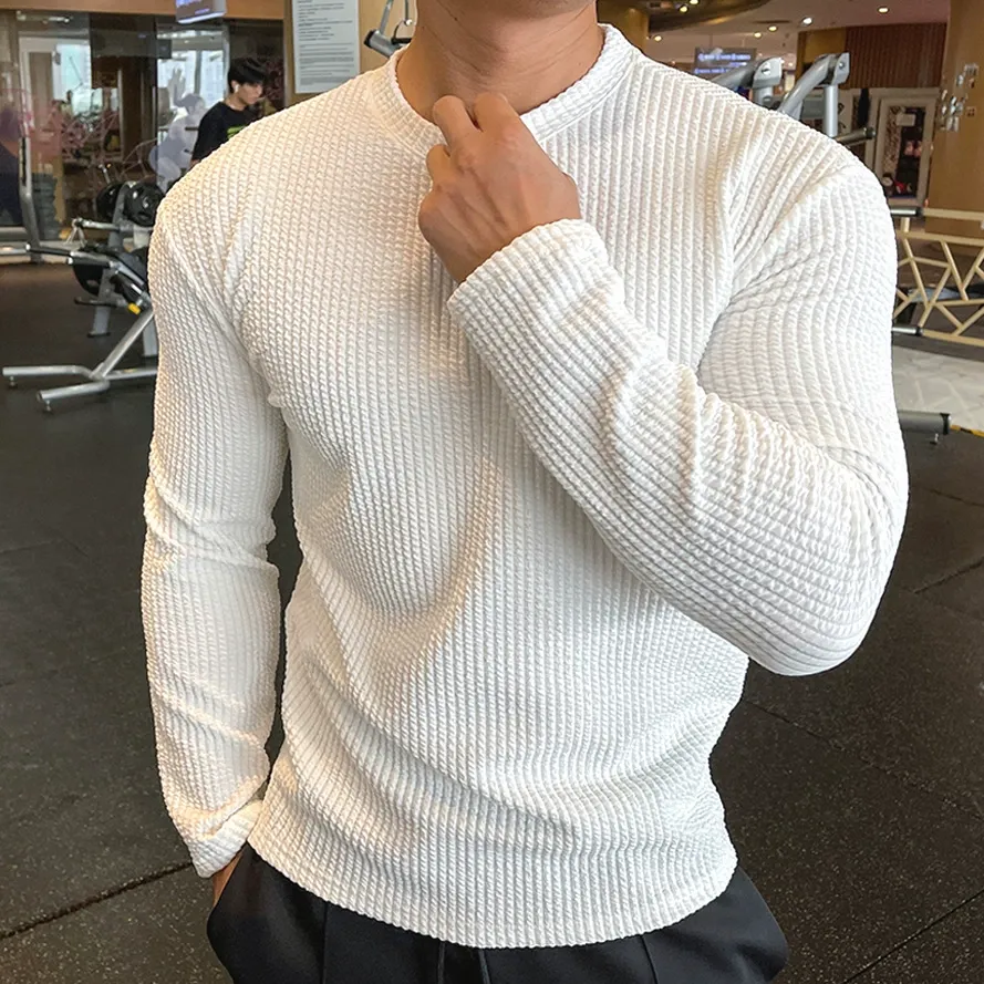 Men'S Casual Solid Waffle Jacquard Pleated Slim-Fit Long-Sleeve Breathable T-Shirt