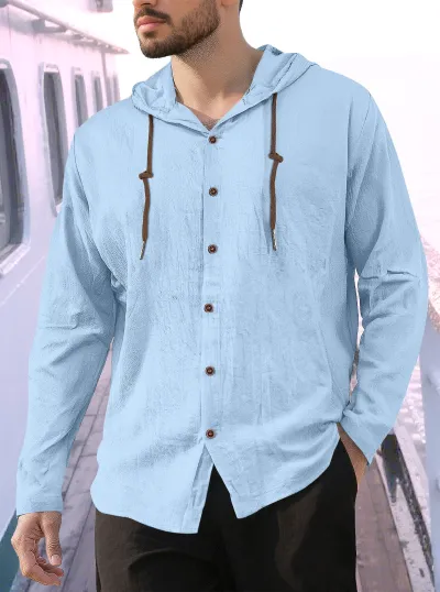 Men's Casual Solid Color Cotton Linen Long Sleeve Hooded Shirts