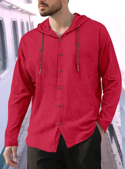 Men's Casual Solid Color Cotton Linen Long Sleeve Hooded Shirts