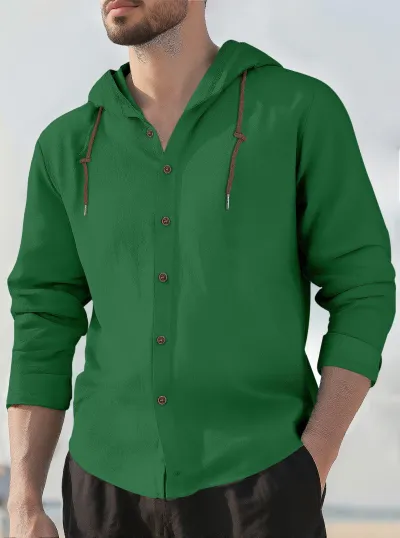 Men's Casual Solid Color Cotton Linen Long Sleeve Hooded Shirts