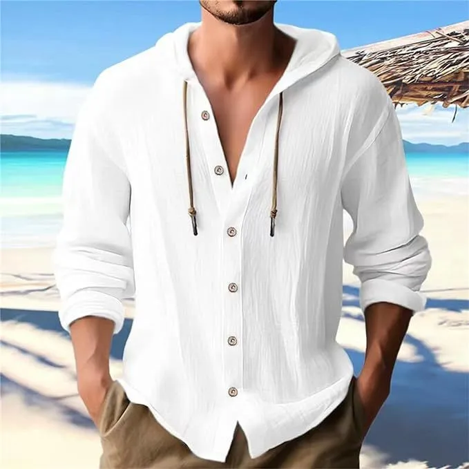 Men's Casual Solid Color Cotton Linen Long Sleeve Hooded Shirts
