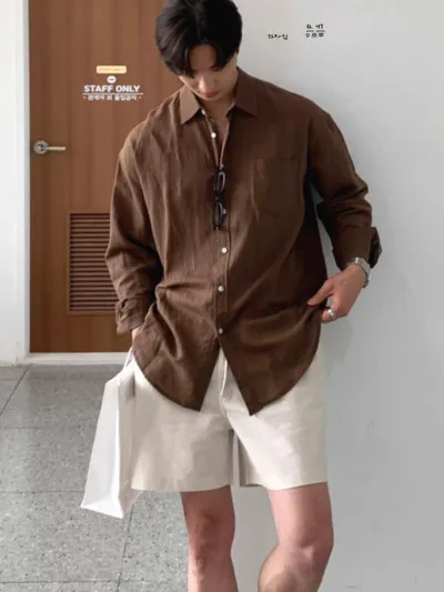 Men's Fashion Casual Solid Color Linen Breathable Lapel Long-Sleeve Loose Shirt with Pocket