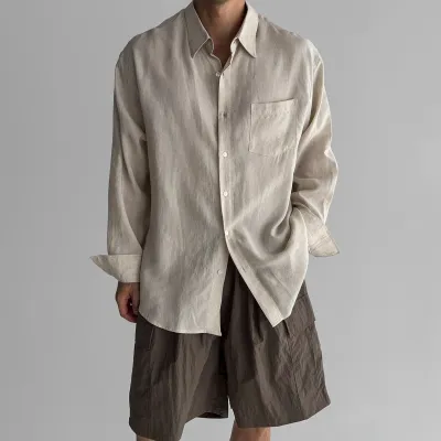 Men's Fashion Casual Solid Color Linen Breathable Lapel Long-Sleeve Loose Shirt with Pocket