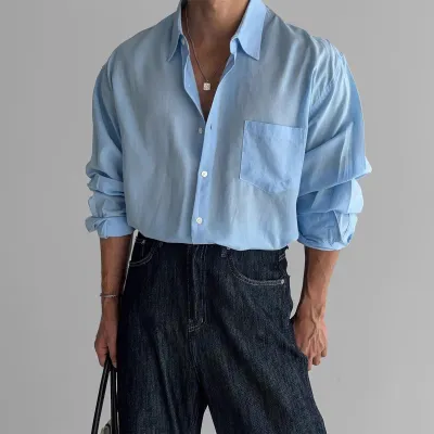 Men's Fashion Casual Solid Color Linen Breathable Lapel Long-Sleeve Loose Shirt with Pocket