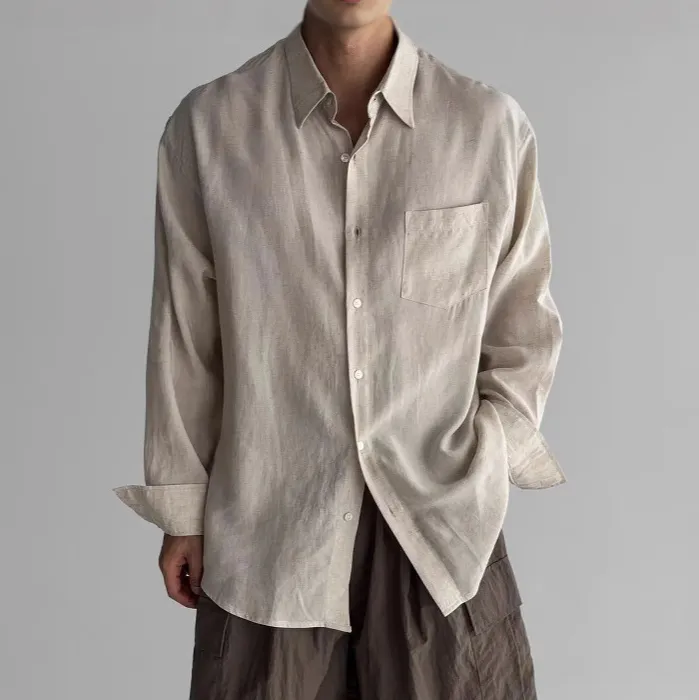 Men's Fashion Casual Solid Color Linen Breathable Lapel Long-Sleeve Loose Shirt with Pocket