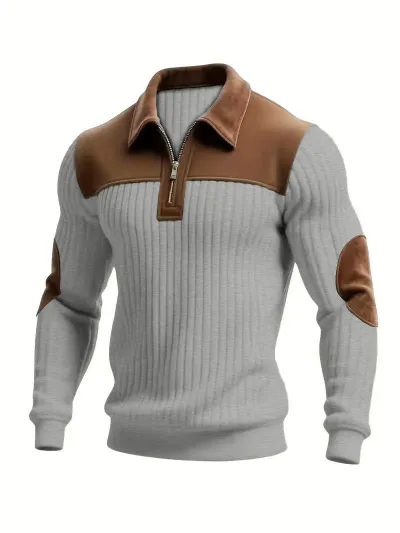 Men's Fashion Casual Knitted Lapel Stitching Embroidery Zipper Long-Sleeve Sweatshirt