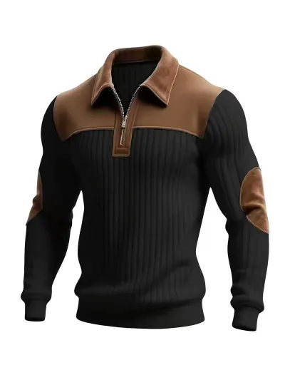 Men's Fashion Casual Knitted Lapel Stitching Embroidery Zipper Long-Sleeve Sweatshirt